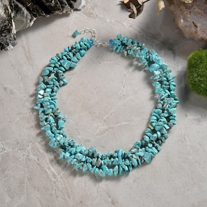 Hand beaded blue turquoise triple strand torsade statement necklace, 17.5&quot; long with 1.5&quot; extender. a turquoise chunky necklace.