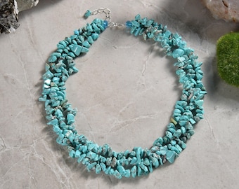 Hand beaded blue turquoise triple strand torsade statement necklace, 17.5&quot; long with 1.5&quot; extender. a turquoise chunky necklace.