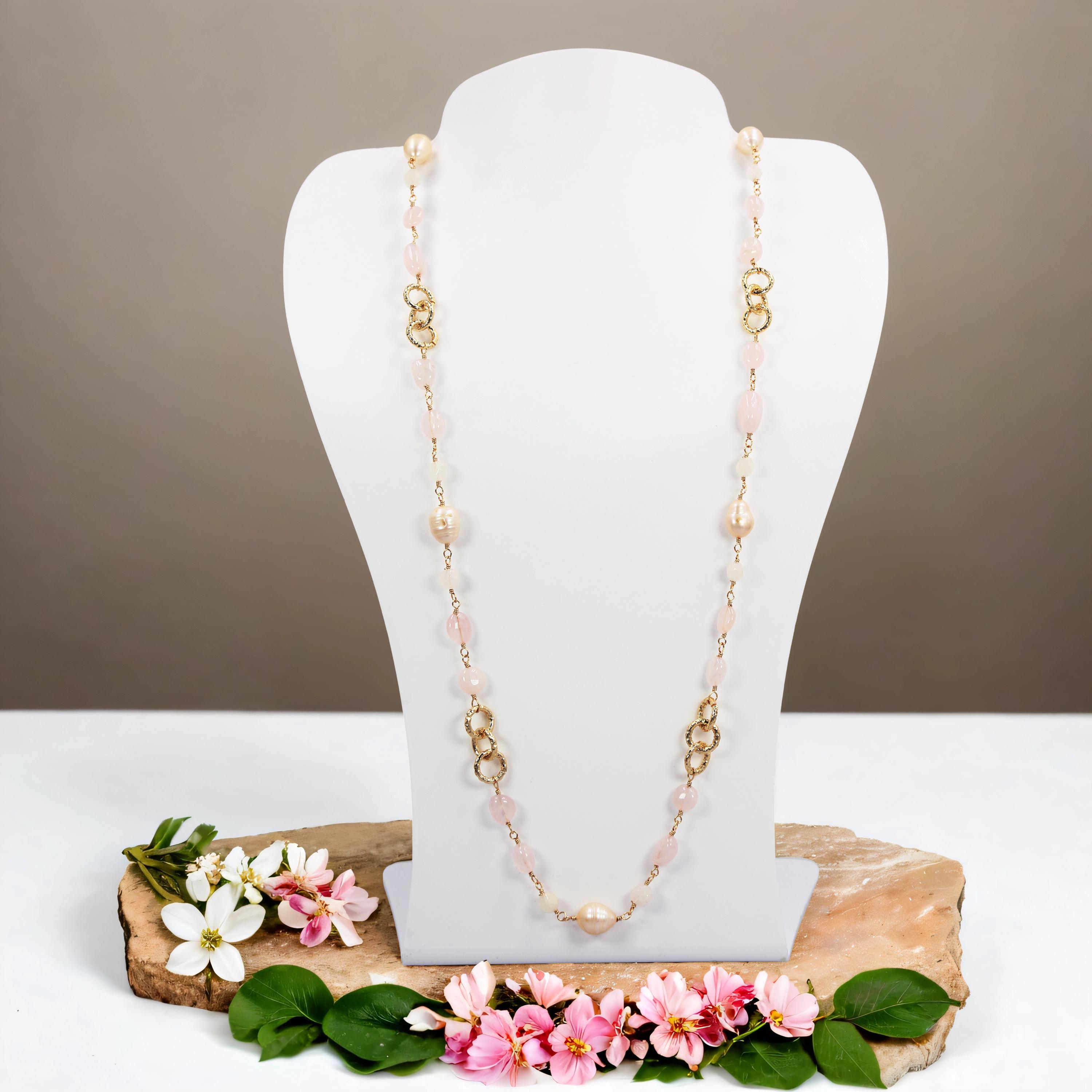 jproducts_bicolor pearl necklace ローズクオーツ Rose Quartz and Freshwater Cultured Pearl Necklace. Pearl Necklace