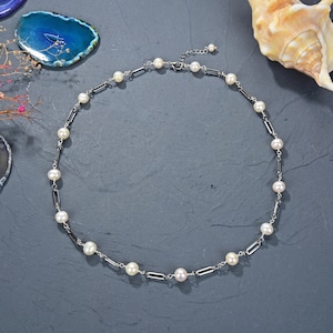 Cultured Freshwater Pearl and Silver Paperclip Chain Necklace. Pearl Layering Necklace. Silver Pearl Necklace.  Pearl Bridal Jewelry.