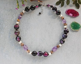 Agate Amethyst Mix Stone Necklace. Agate Statement Necklace.  Beaded Short Agate Necklace.  Agate Chunky Necklace.