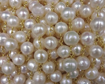 2FT 9-10MM Potato Shaped Cultured Freshwater Pearl Rosary Style Beaded Chain.Wire Wrapping Chain.Non Tarnish Wire in Gold.