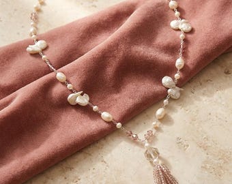 Blush Crystal & Baroque Pearl Tassel Necklace.