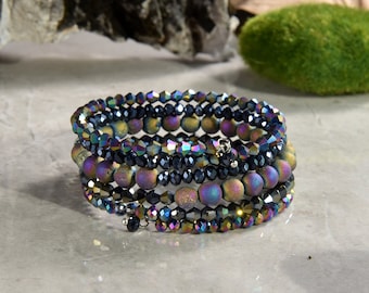 Multi Stone Memory Wire Bracelet. Multi-wrap Bracelet.  Boho Style Bracelet. Gemstone Statement Bracelet.  Slip-on Style Bracelet.