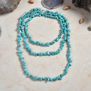 Beaded Turquoise Rope Necklace. Single Strand All-hand beaded. Infinity necklace. Blue Magnesite Turquoise Stone Chips Necklace.