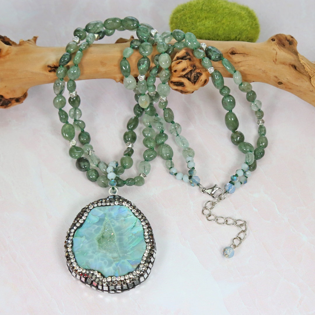 Green Rutilated Quartz Double Strand Pendant Necklace. Statement Green