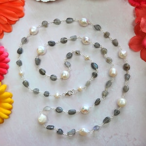 Labradorite & culture pearl necklace.wire twisted free form labradorite and  cultured pearl organic long necklace. gift for mom.