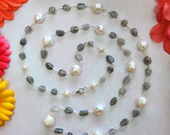 Labradorite & culture pearl necklace.wire twisted free form labradorite and  cultured pearl organic long necklace. gift for mom.