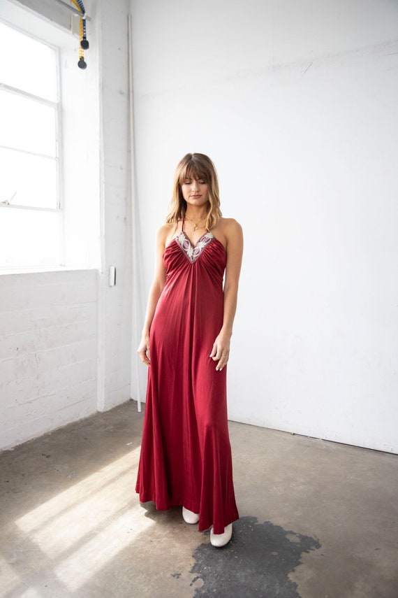 burgundy halter maxi dress