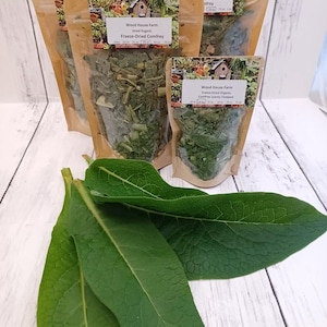 Comfrey Leaves Freeze-Dried Homegrown, Organic, Chopped, Suitable for all uses Packages are .16oz, .25oz, .35oz and .50oz