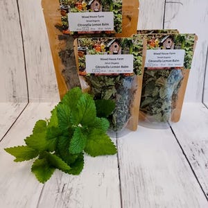 May include: An image of several clear bags of dried organic Citronella Lemon Balm, with labels that read "Wood House Farm". Fresh green lemon balm leaves are in the foreground. The bags contain 25, 35, and 50 oz samples.