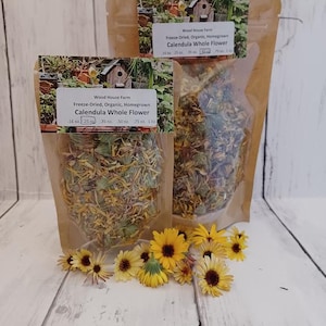 Freeze Dried Calendula Flowers Organic Whole Flowers & Petals, Apothecary Herbs, Calendula Officinalis, Teas  .25oz and .50oz Packages