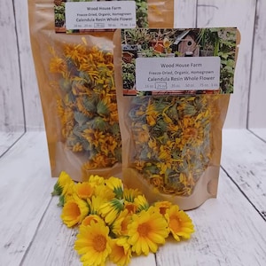 Calendula Flowers Resina freeze-dried, organic, This variety the highest resin available for apothecary uses. Pkg sizes .25 oz and .35 oz