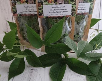 Passion Flower Leaves dried organic homegrown on our Kansas homestead. Apothecary tea use, loose leaf tea.   .16oz package