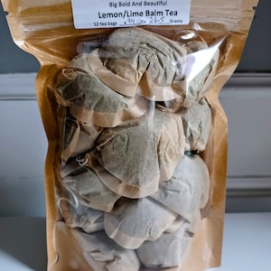 Lemon Lime Balm Tea Big Bold & Beautiful organic, handcrafted, Homegrown over stuffed teabags. Each bag makes 4 single cups or 1 teapot full