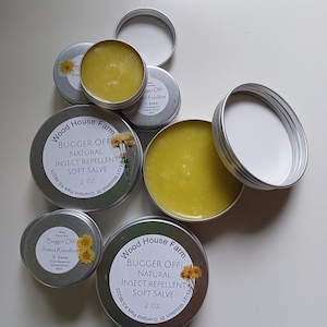 Insect Repellent Bugger Off Natural Insect Repellent Soft Salve. Repels bugs & softens skin. Comes in 2 oz tins or 15 gram travel size.