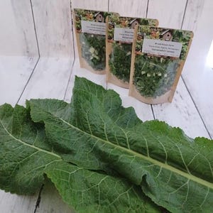 May include: Fresh horseradish leaves and three pouches of dried horseradish leaves. The fresh leaves are large, green, and textured. The pouches have a label that reads "Wood House Farm Horseradish Leaves". The background is a white wooden surface.