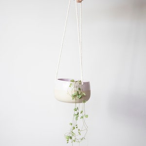 Peut inclure: Un pot suspendu en céramique blanc et violet clair avec une plante verte retombante. Le pot est suspendu à une corde blanche.