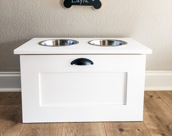 Free Ship! Elevated dog feeder, X- LARGE, two bowls, pull out drawer, toy storage, 18 inches, white | w-flat (2 bowl 18”)