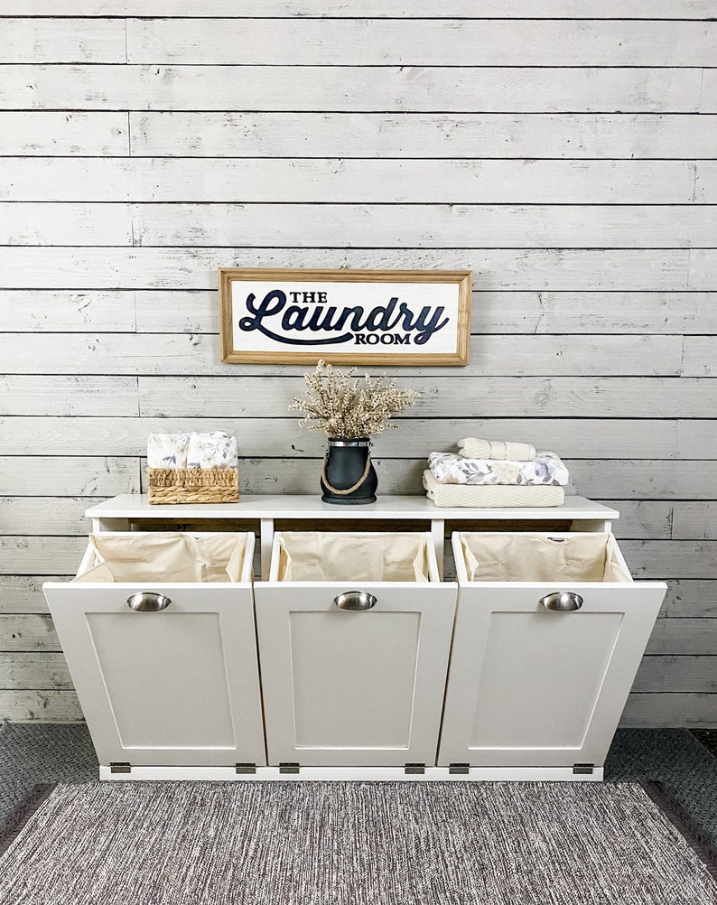 Free Ship Laundry hamper tilt out hamper. triple farmhouse Etsy