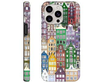 Casas en los canales de Ámsterdam, funda para iPhone, funda para Samsung, funda para Ámsterdam, funda para Holanda con casas en los canales, funda para casas de colores