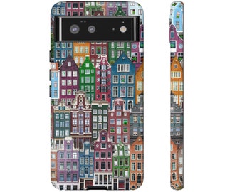 Funda rígida para teléfono Google Pixel con casas en los canales de Ámsterdam, funda brillante para teléfono con casas en los canales de Holanda, funda rígida para teléfono con casas de colores