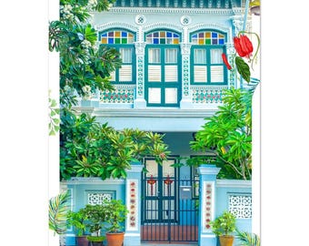 Arte mural de una tienda de Singapur, tienda de Koon Seng Road con árboles de frangipani. Fotografía artística de bellas artes. Impresión giclée en papel de primera calidad.