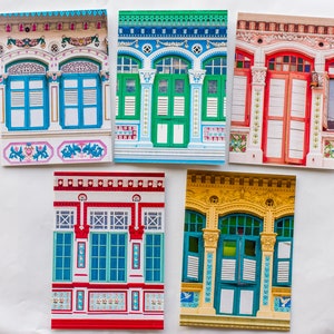 Singapore Peranakan Shophouse Windows Grußkarten - Singapore Shophouse Cards (5 Karten mit Umschlägen), faltbar, innen blanko