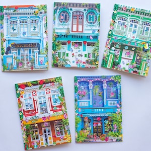 Peranakan Singapore Shophouse Tropical Theme Cards - Singapore Greeting Cards - Singapore Shophouse Cards (Set of 5)