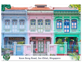 Arte mural de casas comerciales de Singapur, Koon Seng Road, Peranakan, tiendas comerciales, fotografía artística, impresión giclée