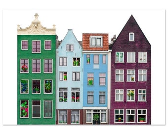 Arte mural de Ámsterdam, casas tradicionales holandesas en los canales, fotografía artística inspirada en Wes Anderson, impresión Giclée en papel de primera calidad