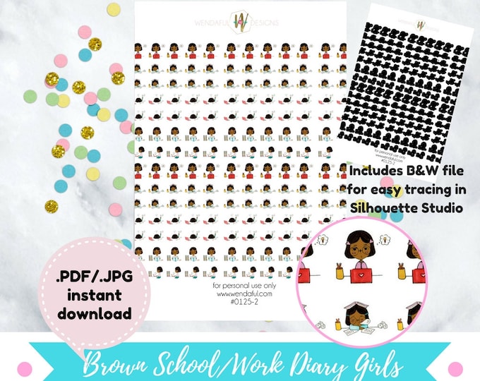 Item #0125-2 Printable Brown Girl Cute College/Work Life Diary Stickers Set (perfect for planners)