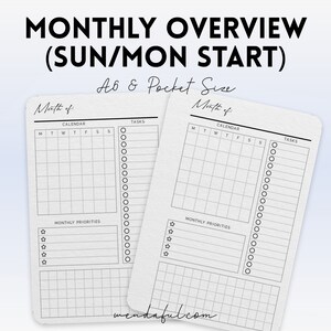 Printable Undated Monthly Overview  | A6 & Pocket Size | Instant Download