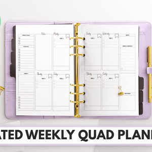 May include: A purple planner with gold rings, open to a weekly spread with four columns per day. The planner is undated and has a section for notes, top 3 priorities, and weekly goals.