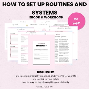 Może przedstawiać: Okładka ebooka w kolorze różowym i białym z tytułem "How to Set Up Routines and Systems" i podtytułem "Ebook & Workbook". Okładka zawiera również różowe koło z tekstem "59+ Pages".