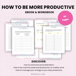 Op de afbeelding: Een roze en wit digitaal werkboek met de titel "Hoe meer productief te zijn" en de ondertitel "Ebook & Workbook". Het werkboek bevat 64 pagina's en bevat secties over "do-not-do-lijsten", "je angsten temmen" en "je beslissingen doorbreken".