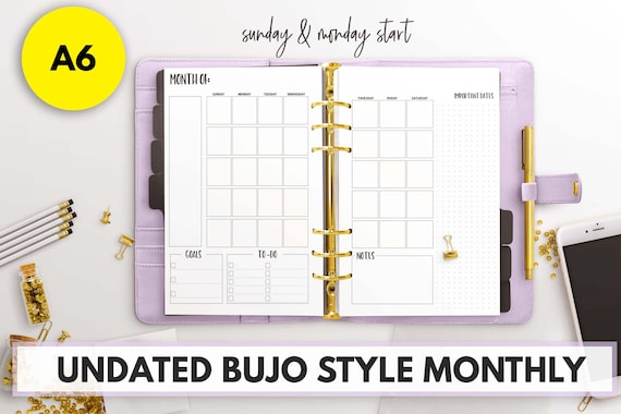A6 Size Ring Bound - Undated Bujo Style Monthly Planner
