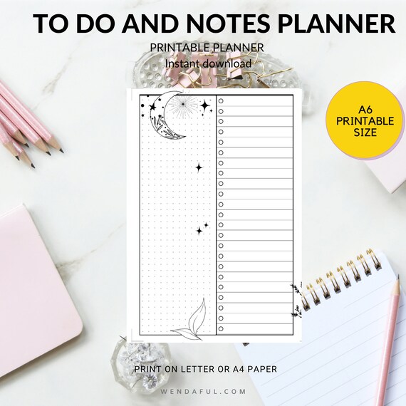 Printable A6 Size Celestial To Do and Notes Planner | Instant Download