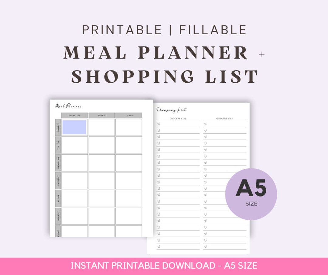 A5 Size Ring Bound - Fillable Meal Planner & Shopping List Printable - Etsy