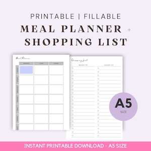 Peut inclure: Modèle de planificateur de repas et de liste de courses imprimable au format A5. Le planificateur comprend une section pour le petit-déjeuner, le déjeuner, le dîner et les collations. La liste de courses comporte deux colonnes pour les articles d'épicerie.