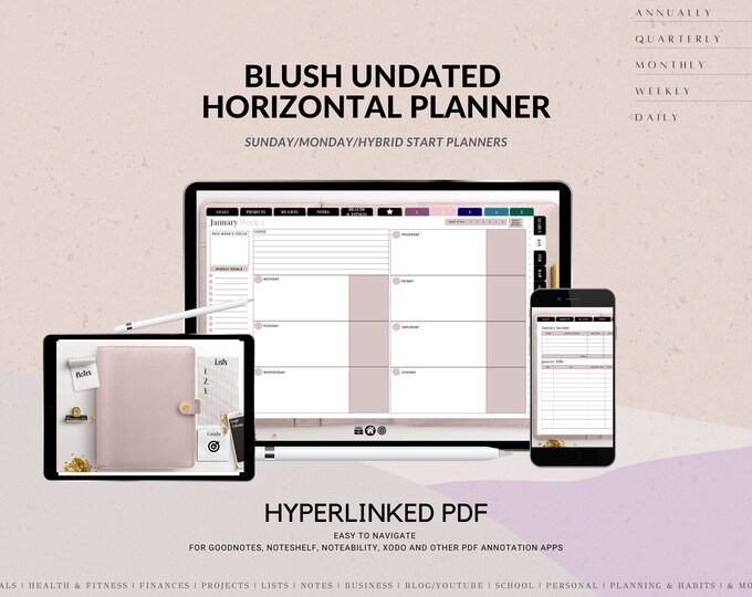 Undated Blush Horizontal Weekly Digital Planner (Sunday/Monday Start) | GoodNotes App, Noteshelf