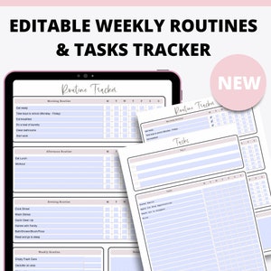 May include: Editable weekly routine and task tracker printable. The printable has a light blue background with black text and lines. The printable is divided into sections for morning, afternoon, evening, and weekly routines. Each section has a list of tasks and a grid for checking off tasks. The printable also includes a section for notes.