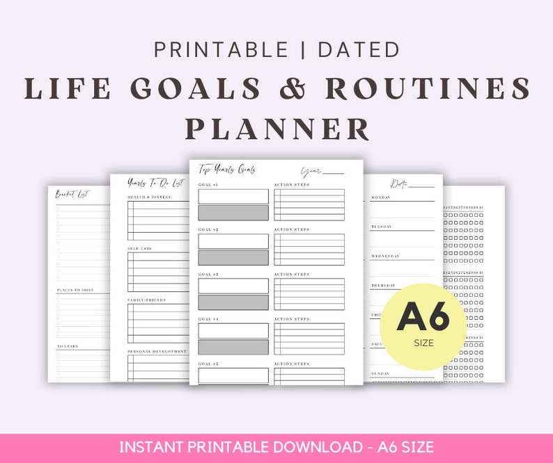 A6 Size Ring Bound Goals, Bucket List, Ideal Routine & Contacts Planner Printable image 1