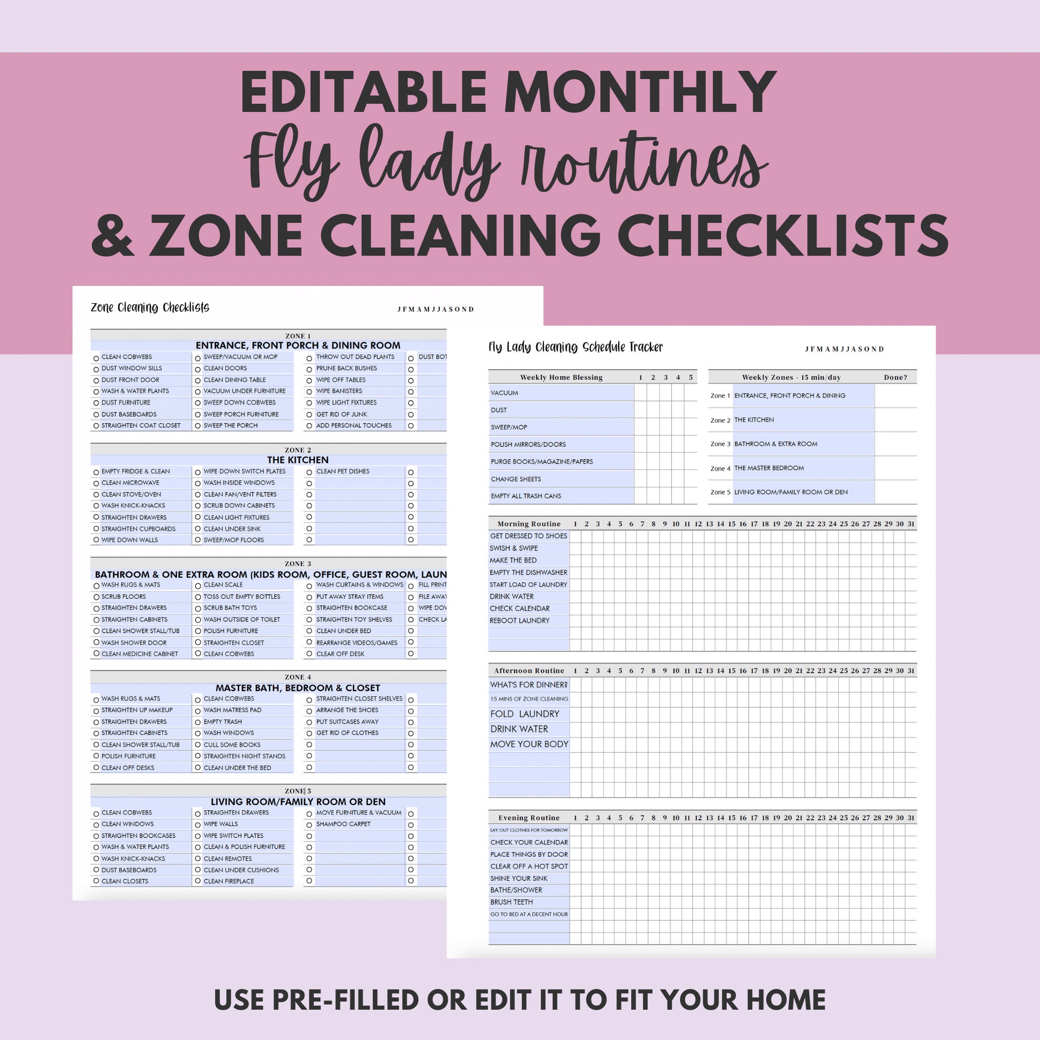 Editable Monthly FLYLADY Routines & Cleaning Checklists Worksheet Pre