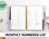 Personal Wide Size Ring Bound - Blank Monthly Numbered List V.2