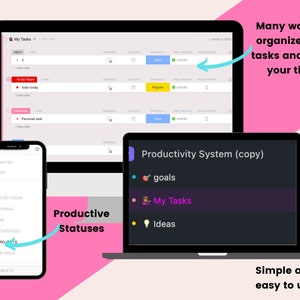 May include: A screenshot of a computer screen showing a task management app called "My Tasks". The app has a list of tasks organized by category, such as "To Do Today", "Personal", and "Work". The app also has a feature for tracking time spent on tasks. The screenshot also shows a mobile phone screen with a list of task statuses, such as "Not Started", "Active", "To Do Today", "Personal", "Work", "Scheduled", "In Progress", "On Hold", and "Complete". The screenshot is accompanied by text that reads "Many ways to organize your tasks and track your time" and "Simple and easy to use".