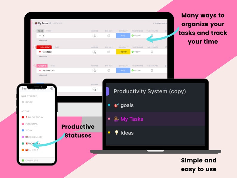 May include: A screenshot of a computer screen showing a task management app called "My Tasks". The app has a list of tasks organized by category, such as "To Do Today", "Personal", and "Work". The app also has a feature for tracking time spent on tasks. The screenshot also shows a mobile phone screen with a list of task statuses, such as "Not Started", "Active", "To Do Today", "Personal", "Work", "Scheduled", "In Progress", "On Hold", and "Complete". The screenshot is accompanied by text that reads "Many ways to organize your tasks and track your time" and "Simple and easy to use".