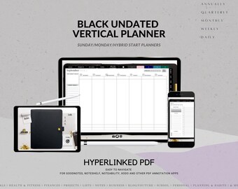 Planificador digital semanal vertical negro sin fecha (inicio de domingo/lunes) / Aplicación GoodNotes, Noteshelf