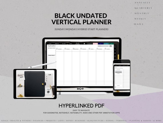 Undated Black Vertical Weekly Digital Planner (Sunday/Monday Start) | GoodNotes App, Noteshelf