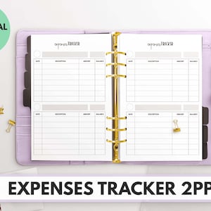 Peut inclure: Un classeur violet avec deux pages ouvertes sur un suivi des dépenses imprimable. Les pages sont intitulées "Expenses Tracker" et comportent des colonnes pour la date, la description, le montant et le solde. Le classeur a des anneaux dorés et est posé sur une surface blanche.